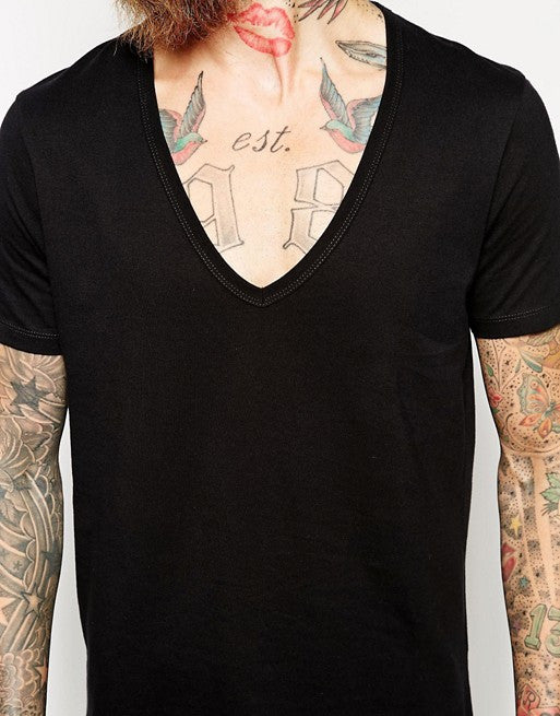 Muscle T-Shirt With Deep V-Neck In Black